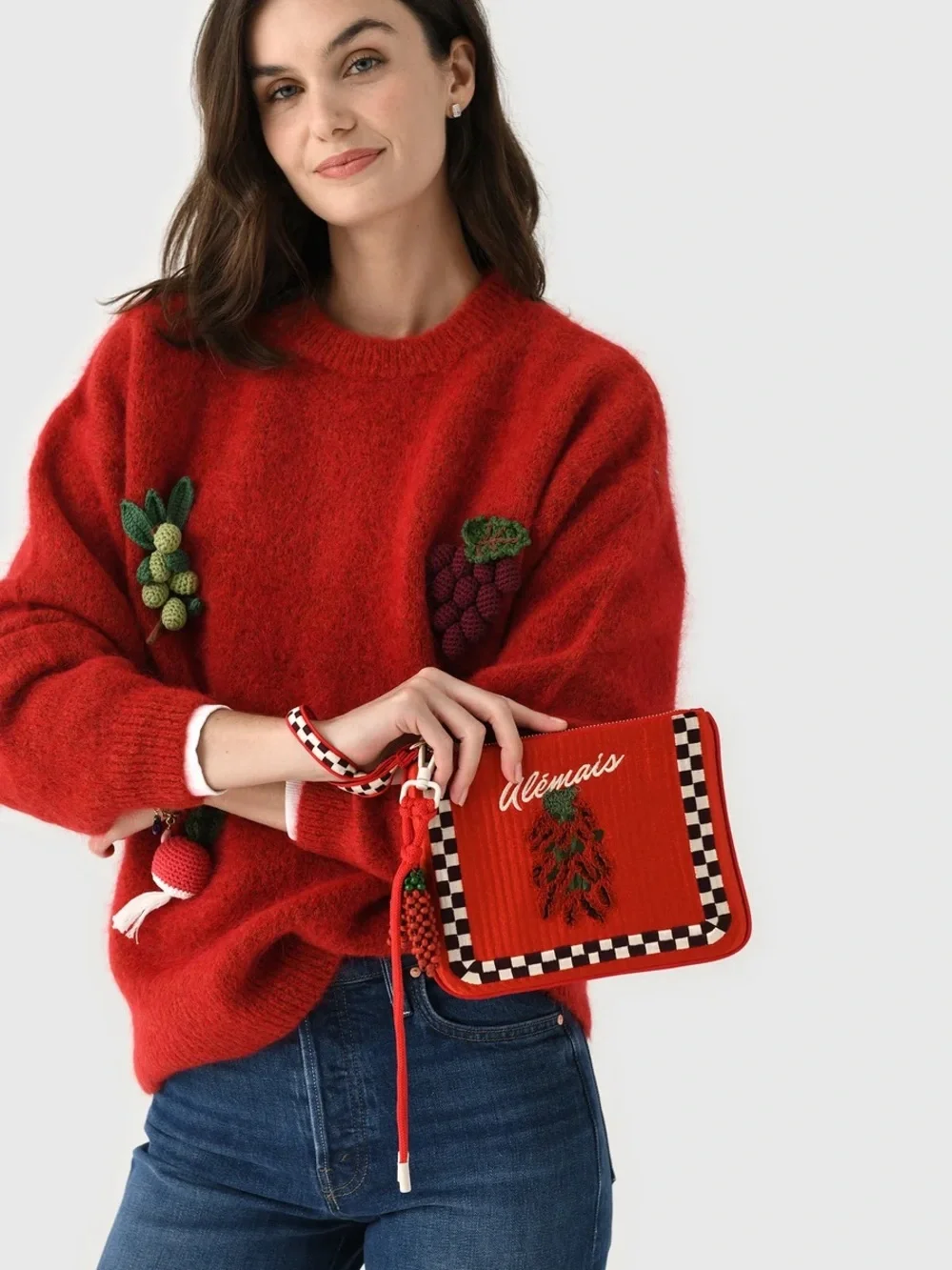 Alemais Red Embroidered Wristlet Clutch with Check Trim